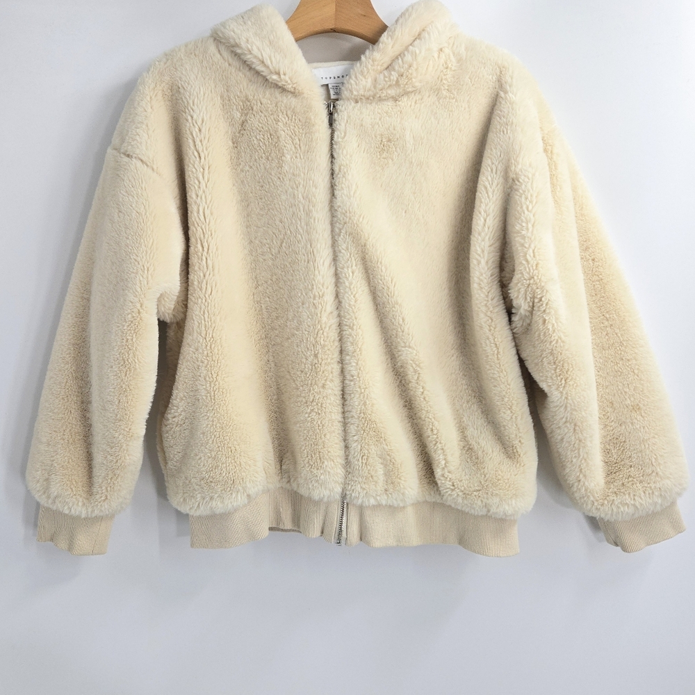 Top‎ Shop Jacket Cream Faux Fur Hooded Bomber - Picture 2 of 16